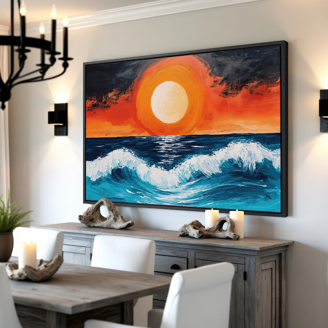 Framed Wall Art: Abstract ocean sunset painting in vibrant orange, blue, and white. Perfect coastal decor for your dining room.