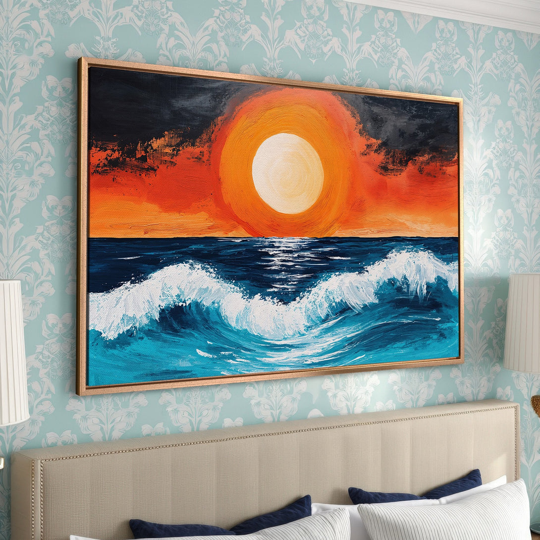 Framed Wall Art: Abstract sunset over ocean waves in vibrant orange, blue, and white. Modern canvas art for coastal decor. Add warmth to your space!