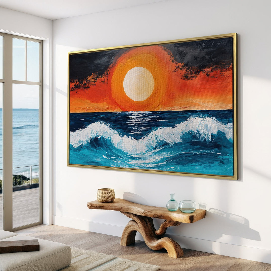Canvas Print of a vibrant ocean sunset painting. Features bold blue, orange, and white colors. Perfect wall art for a modern, coastal interior.