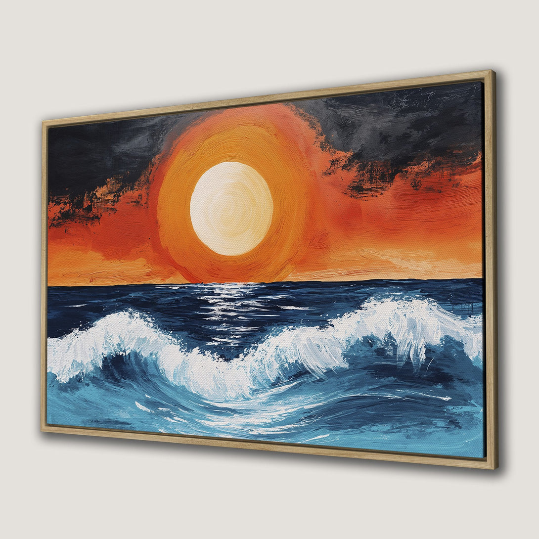 Framed Wall Art: Abstract ocean sunset Canvas Print. Bold brushstrokes in blue, orange, and white. Coastal artwork for home decor.