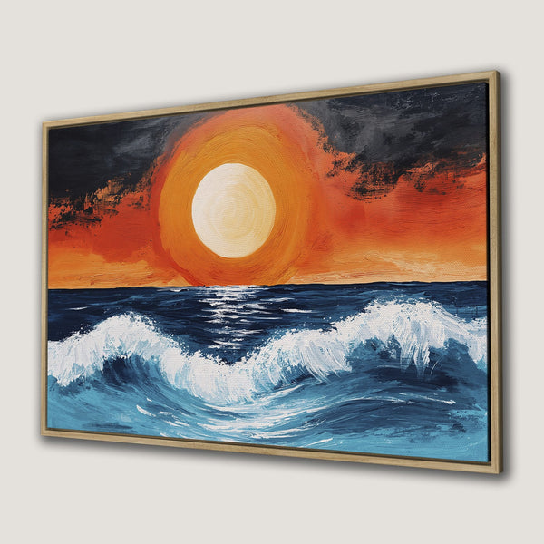 Framed Wall Art: Abstract ocean sunset Canvas Print. Bold brushstrokes in blue, orange, and white. Coastal artwork for home decor.