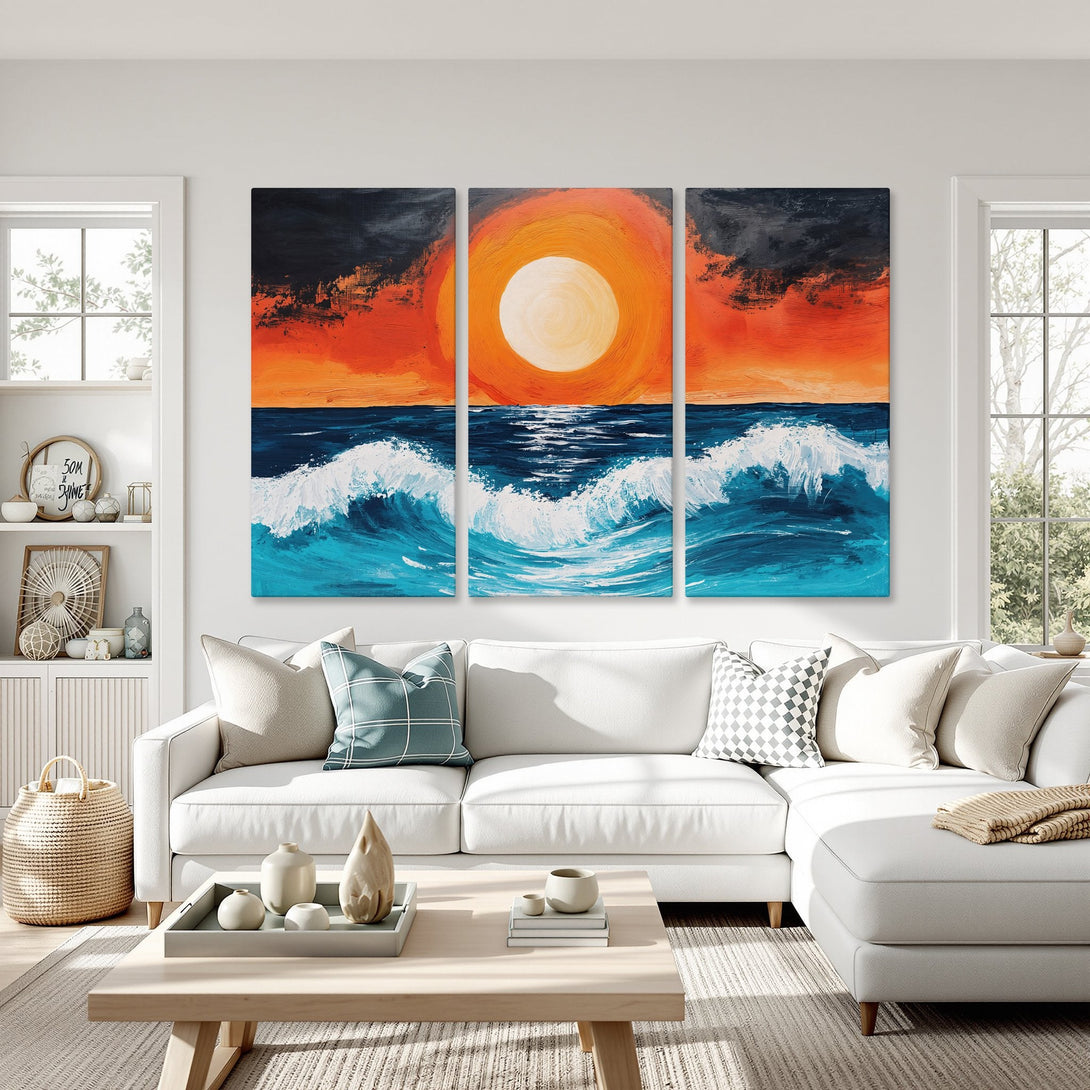 Canvas Print of an abstract ocean sunset in vibrant orange, blue, and white hues, perfect for coastal decor.