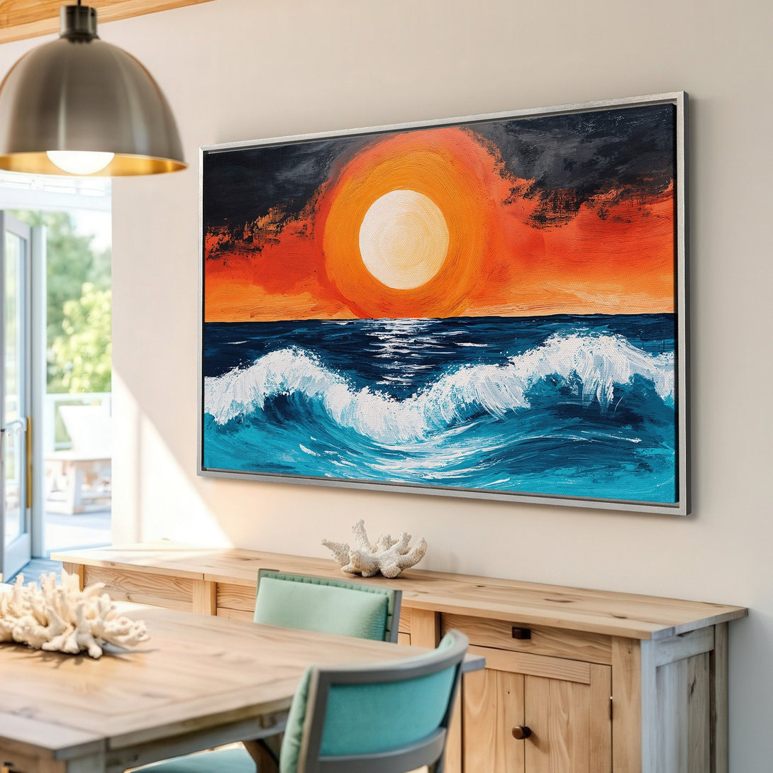 Framed Wall Art Canvas Print of a sunset over ocean waves, in a modern, expressive style. Features a vibrant orange, blue and white color palette.