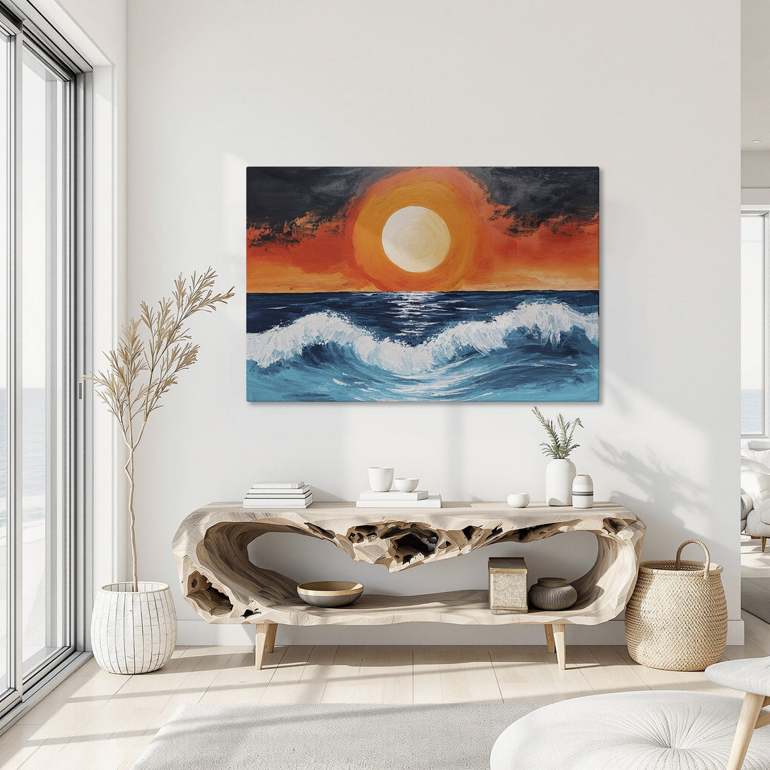 Framed Wall Art: Abstract ocean sunset canvas print with vibrant orange, blue, and white color palette. Modern art for coastal home decor.