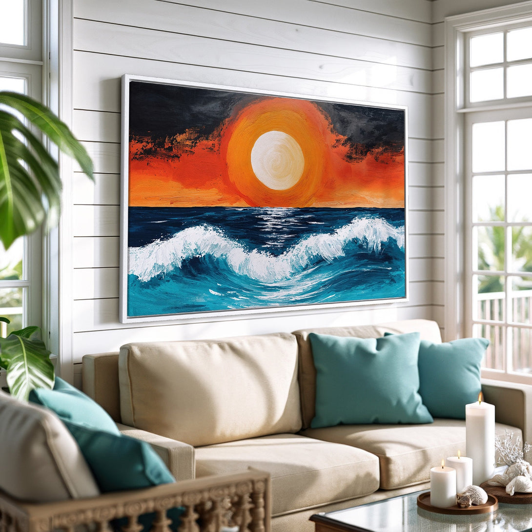 Framed Wall Art: Abstract ocean sunset painting in vibrant orange, blue, and white hues. Coastal style Canvas Print adds a pop of color to any living space.
