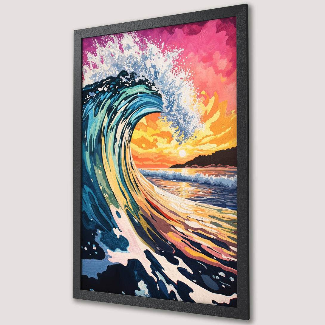 Framed Poster: Vibrant wave art print with sunset colors. Coastal decor, colorful artwork, perfect for beach lovers.