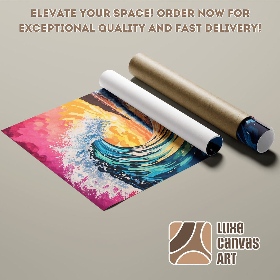 Abstract wave Poster Roll art in vibrant pinks, blues, and yellows. Elevate your space today!