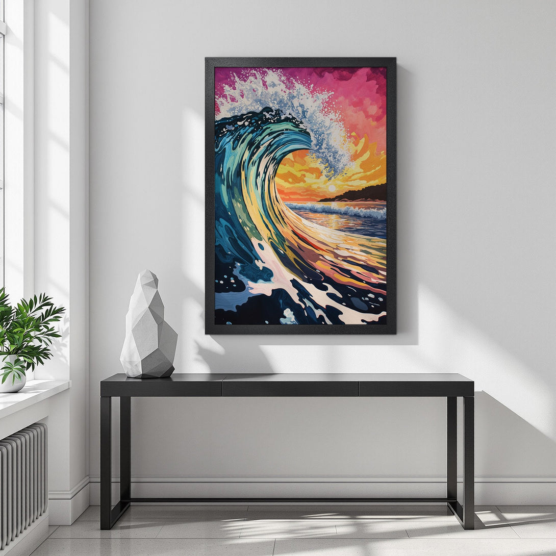 Framed Poster featuring a vibrant wave painting with a sunset backdrop. Artistic style with a warm, colorful palette of blues, oranges, and pinks.