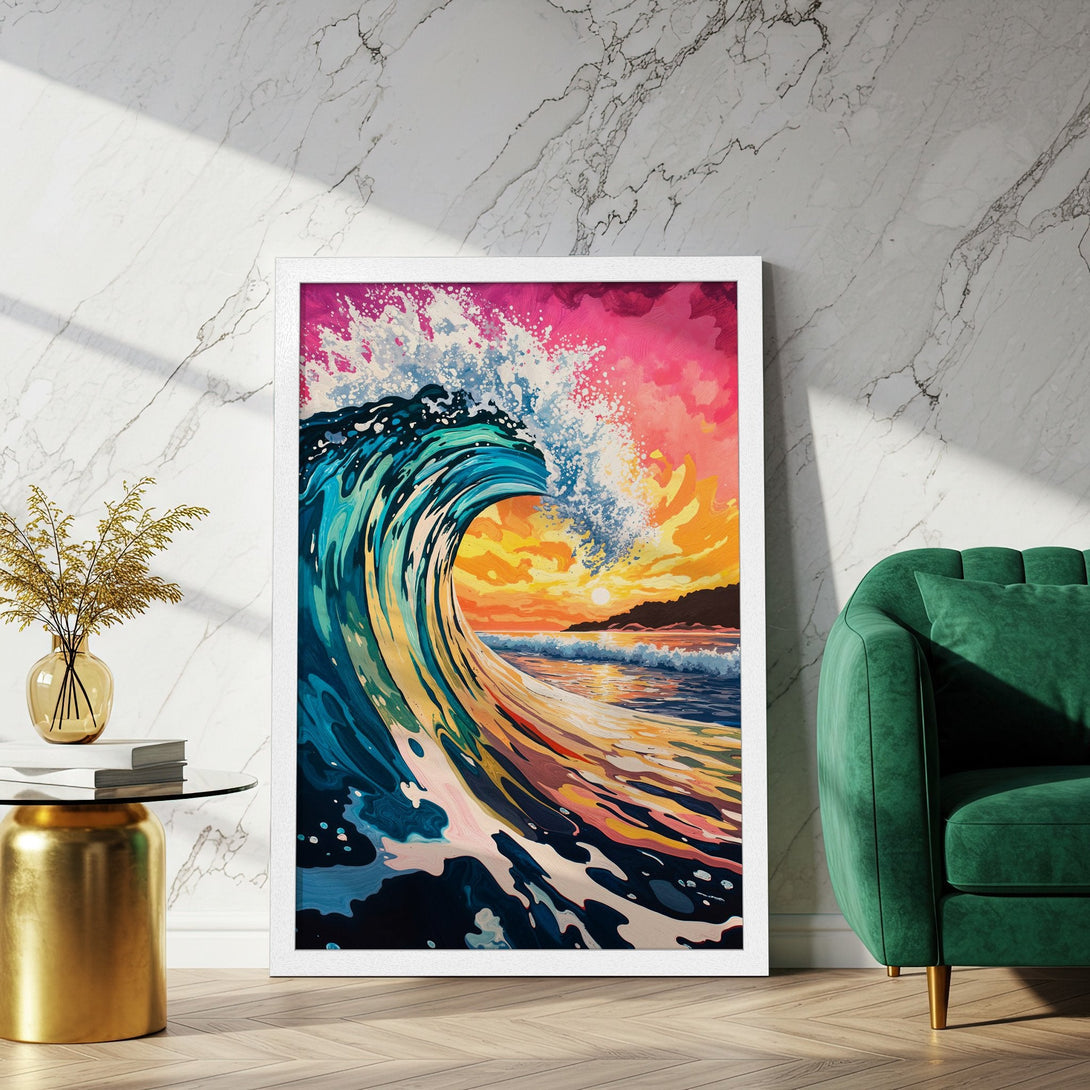 Framed Poster featuring a vibrant wave art print. Bold colors and dynamic style. Perfect for coastal decor!