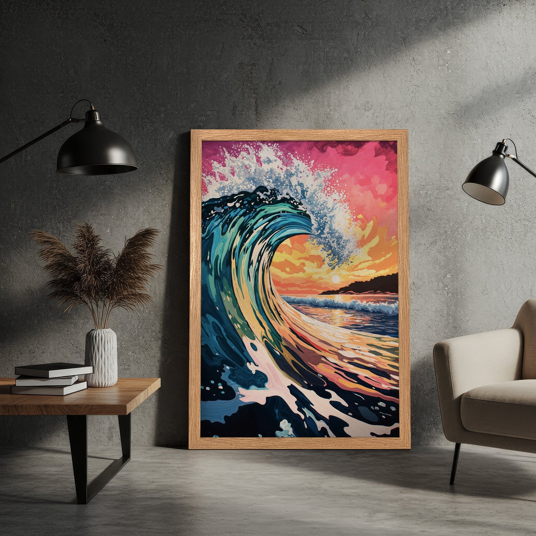 Framed Poster featuring a vibrant wave artwork in a colorful, painterly style with a warm sunset palette. Perfect wall decor!