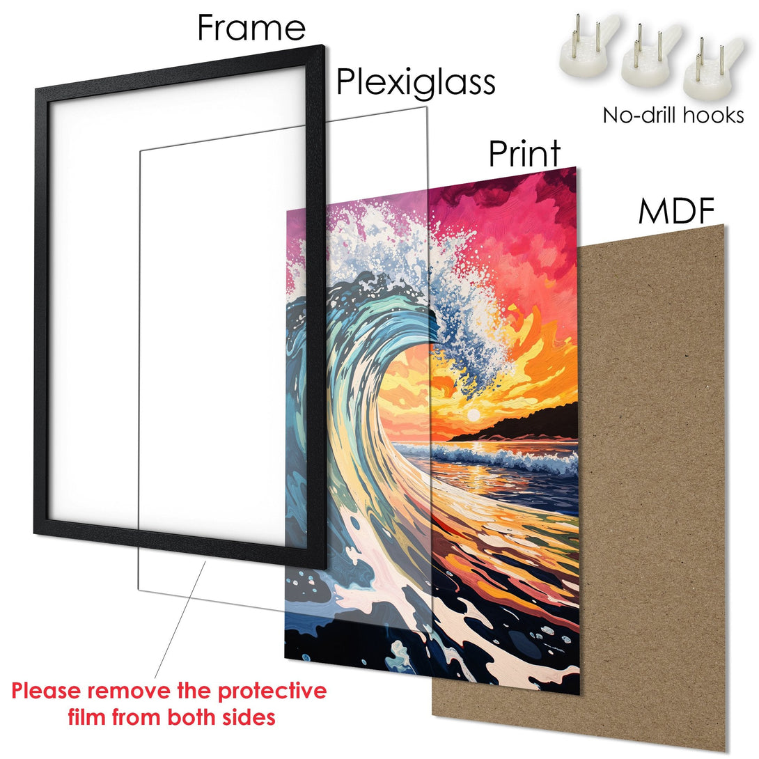 Framed Poster of a vibrant ocean wave art print. Features a sunset color palette and modern style, ready to hang.