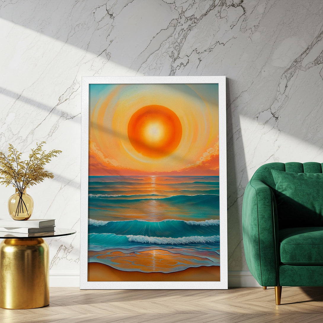 Framed Poster of a vibrant sunset over the ocean. Warm orange, blue, and teal hues create a calming, artistic vibe. Perfect wall art!
