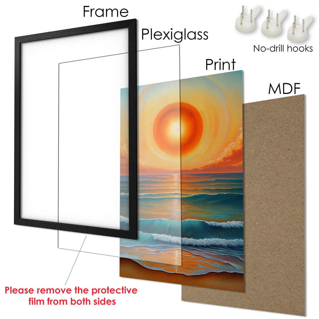 Framed Poster featuring a vibrant sunset over the ocean. Warm orange, yellow, and blue color palette. Perfect wall art!