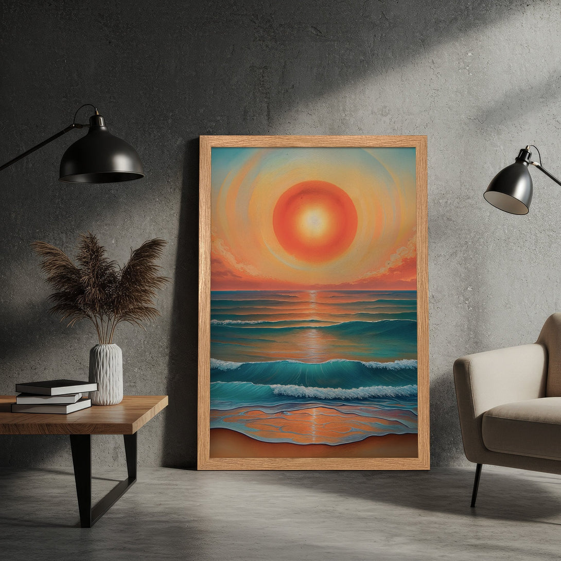 Framed Poster featuring a vibrant sunset over the ocean. Artistic style with warm orange, blue, and teal color palette. Perfect wall art!