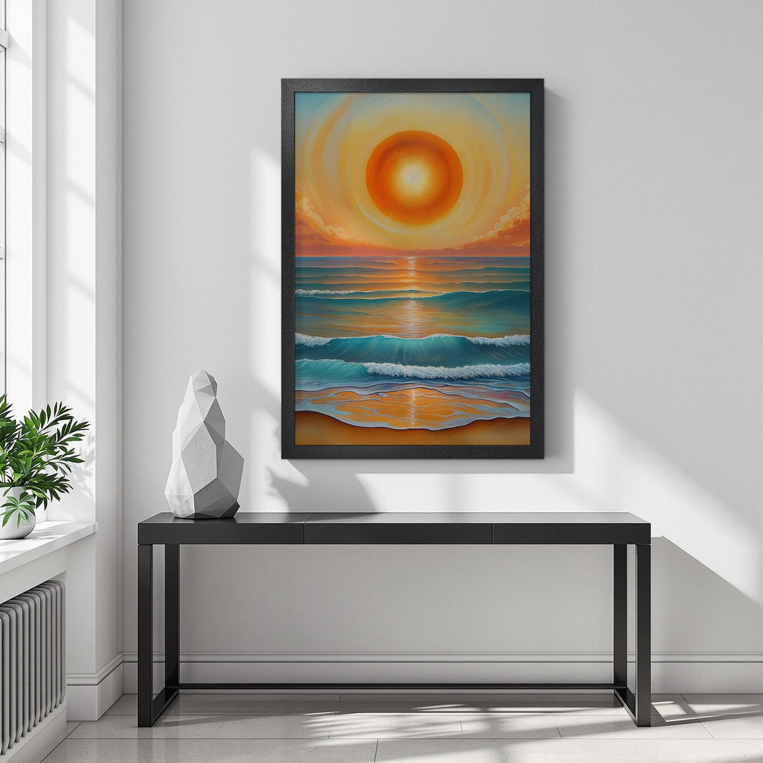 Framed Poster of a sunset over the ocean. Warm orange and teal color palette, impressionistic style. Perfect wall art for your home!