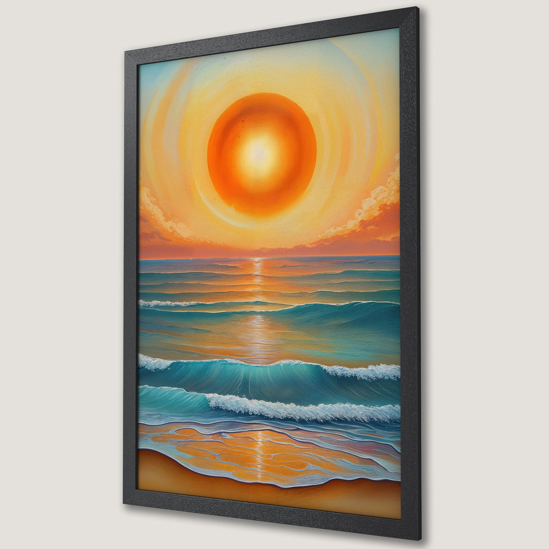 Framed Poster of a sunset over the ocean, painted in a vibrant, impressionistic style. Features warm orange, yellow, and blue color palette.