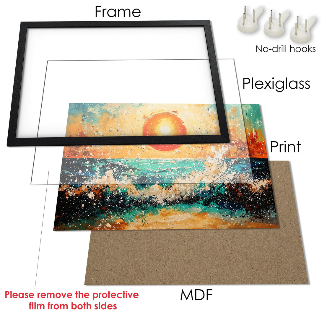 Framed Poster featuring an abstract sunset over the ocean, with a vibrant orange, turquoise, and black color palette. Ready to hang art!