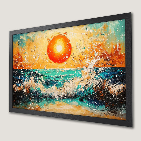 Framed Poster of a vibrant ocean sunset, abstract style with orange, blue, and yellow hues. Perfect wall art!