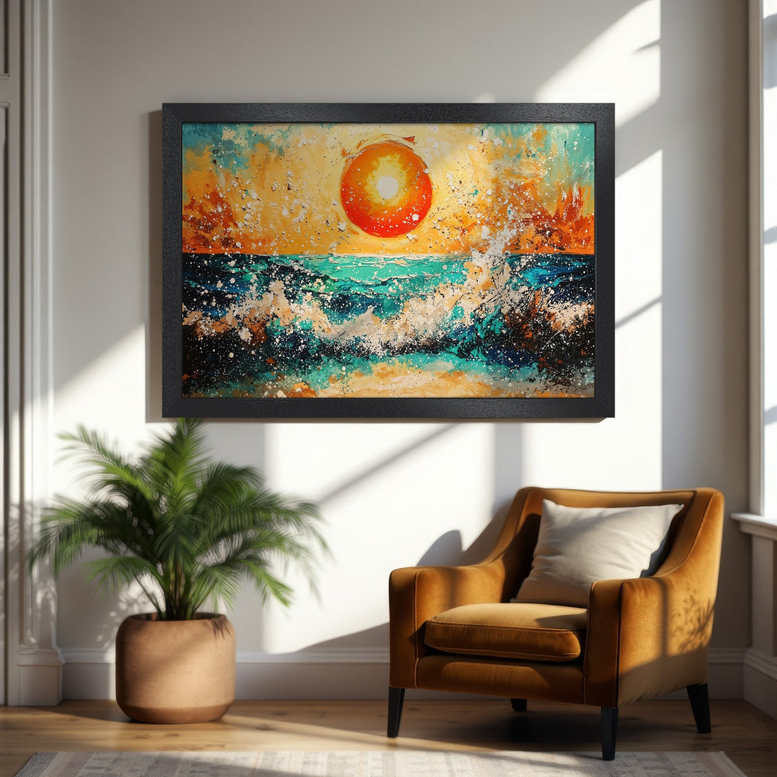 Framed Poster of abstract sunset over ocean, vibrant colors. Perfect wall art for any room. Modern style.