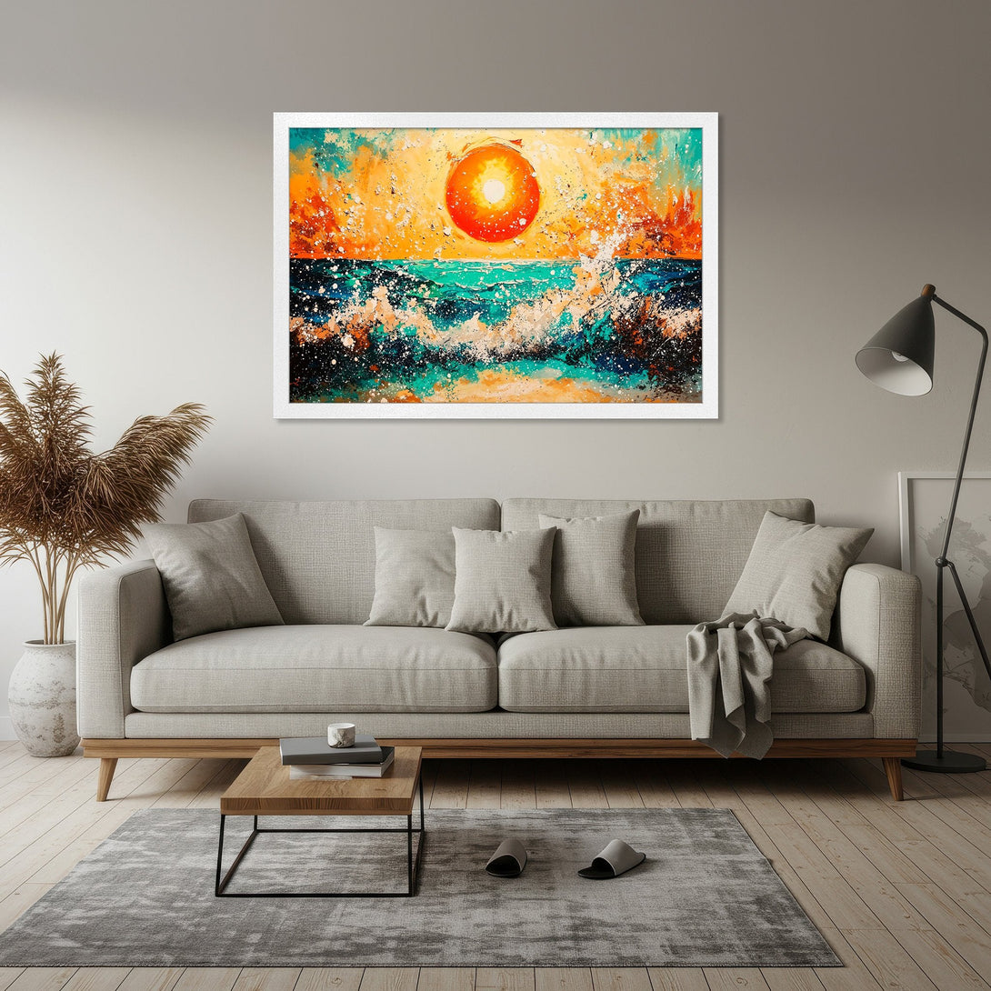 Framed Poster featuring an abstract sunset over ocean. Vibrant orange, turquoise, and white colors in a modern, artistic style.