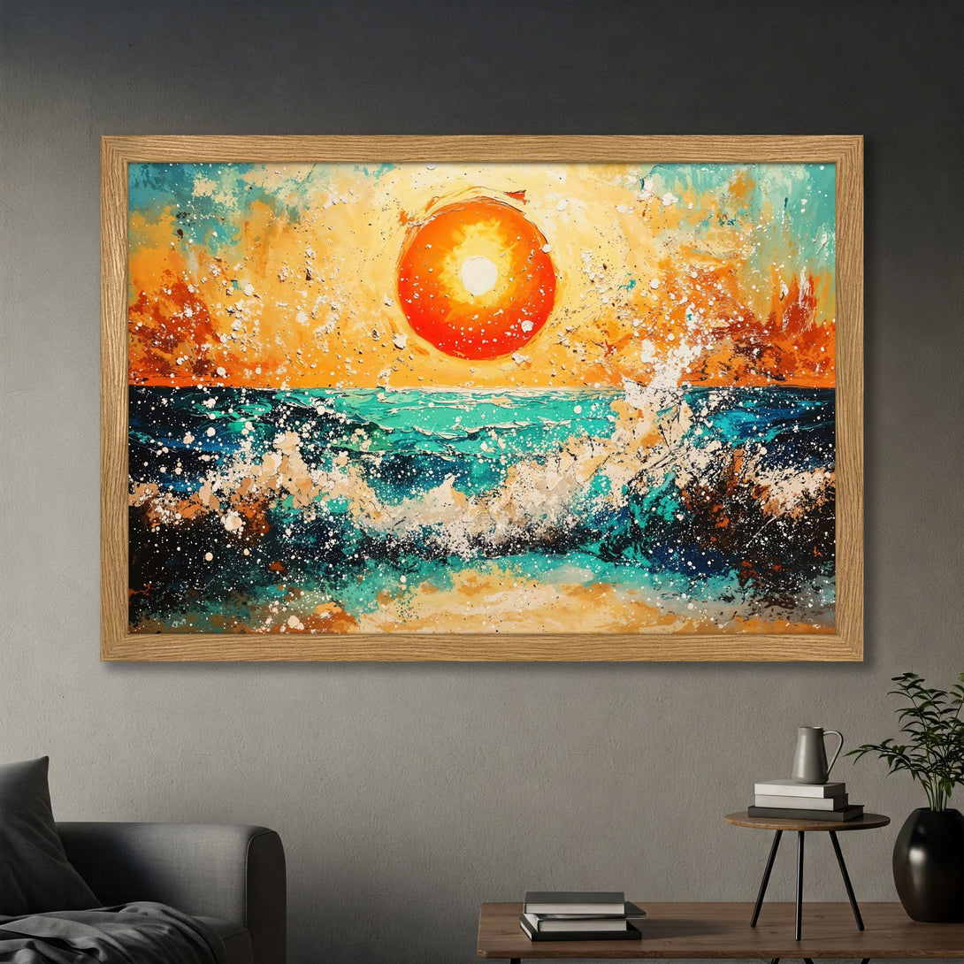 Framed Poster: Abstract ocean art with vibrant orange, turquoise, and blue color palette. Modern style poster for home decor.