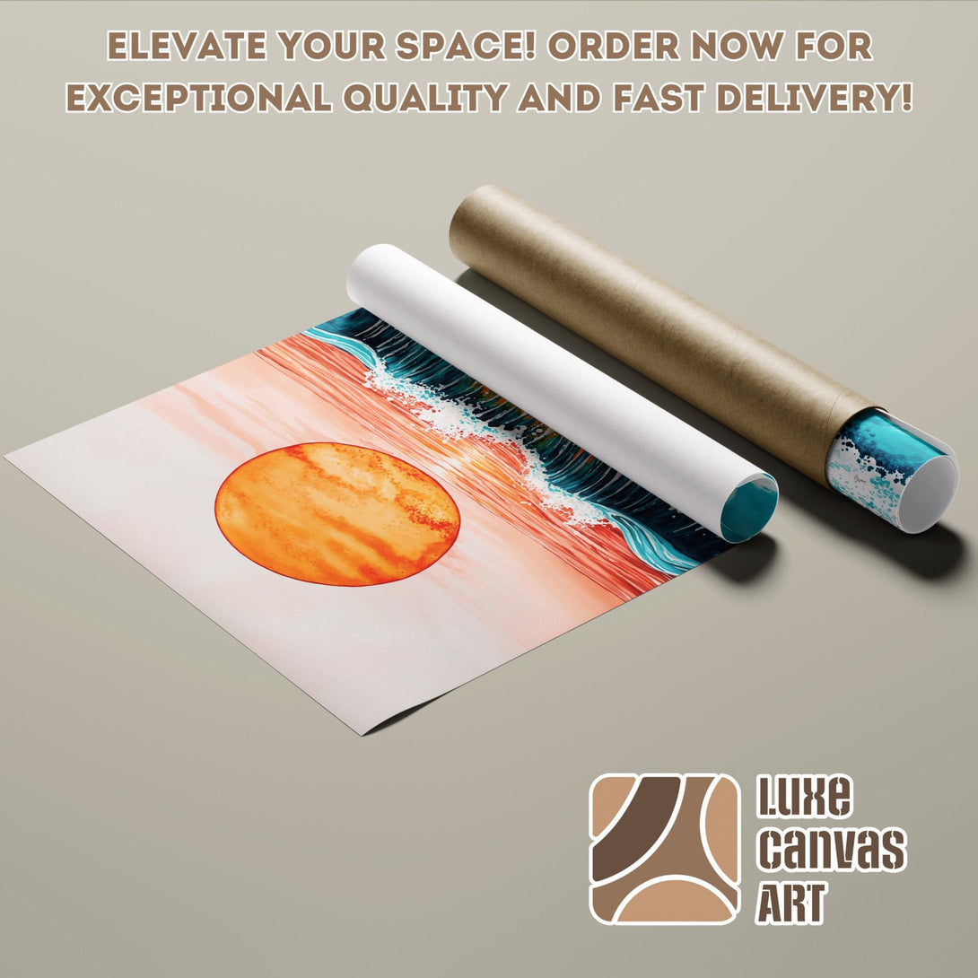 Abstract art Poster Roll with ocean waves in orange, teal, and coral tones. Elevate your space!