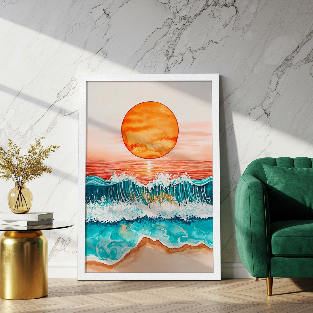 Framed Poster featuring a watercolor sunset over ocean waves. Artistic style, warm orange, teal, and beige color palette. Perfect wall art!
