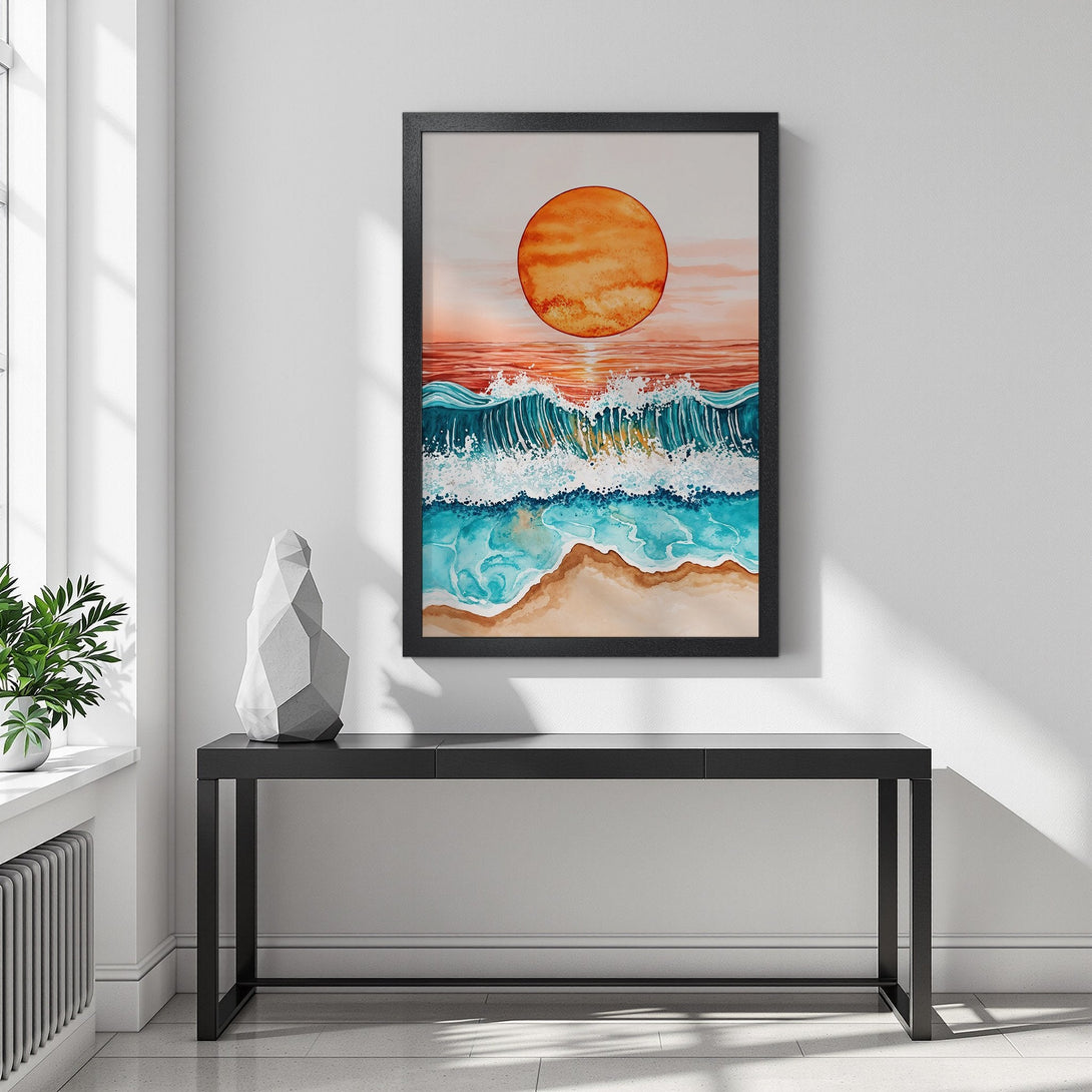 Framed Poster featuring a watercolor sunset over ocean waves. Warm orange, red, and blue color palette. Perfect coastal decor.