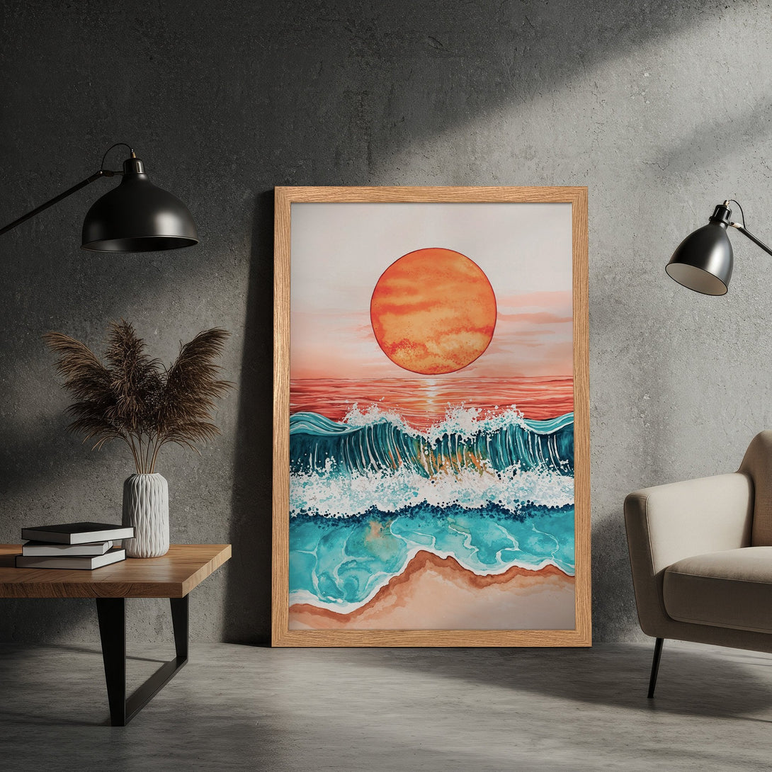 Framed Poster featuring a sunset over ocean waves. Watercolor style with warm orange, teal, and beige tones. Perfect wall art!