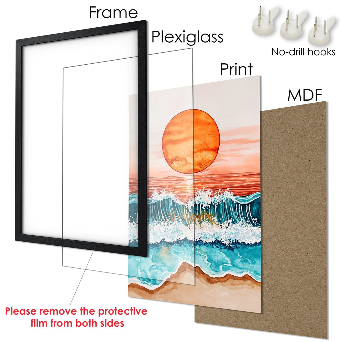 Framed Poster: Watercolor sunset over ocean waves. Coastal art print with orange, blue, and beige palette. Ready to hang!