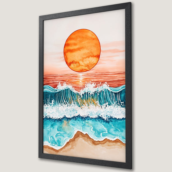 Framed Poster: Watercolor sunset over ocean waves. Coastal art print in warm orange, teal, and brown tones. Perfect beach house decor.