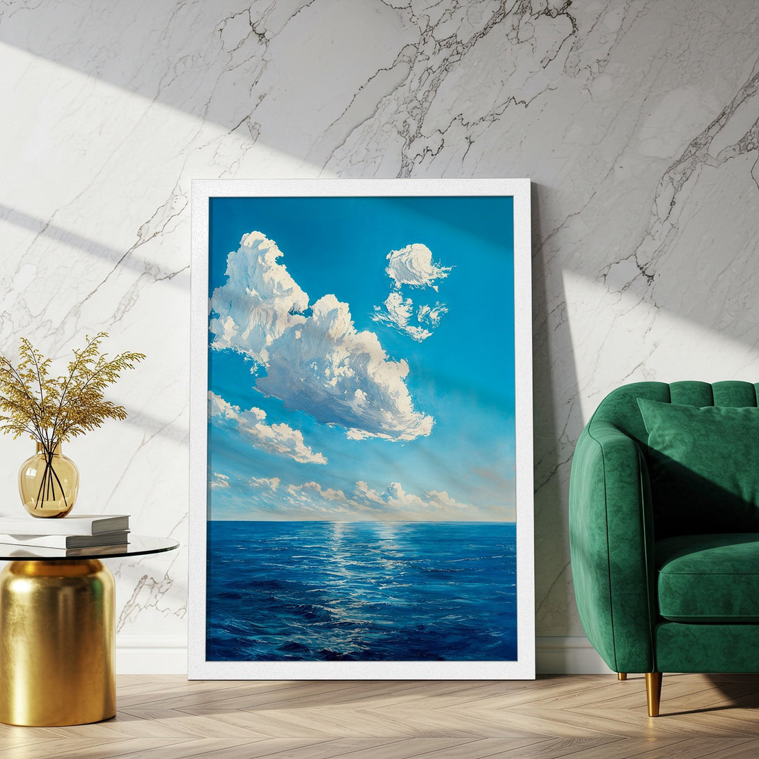 Framed Poster featuring a serene ocean and sky scene, painted in an impressionistic style with a blue and white color palette.