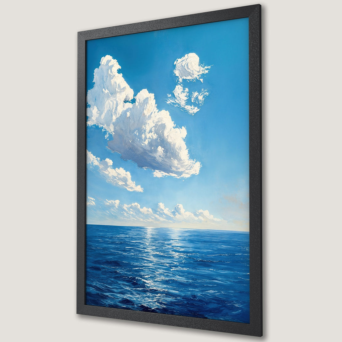 Framed Poster featuring a serene ocean and sky landscape painting. Blue and white color palette, impressionistic style. Perfect wall art for any space.