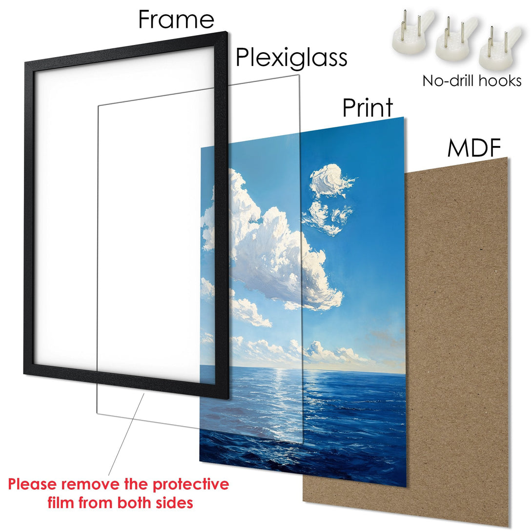Framed Poster of ocean art, blue and white palette, perfect for your home decor.