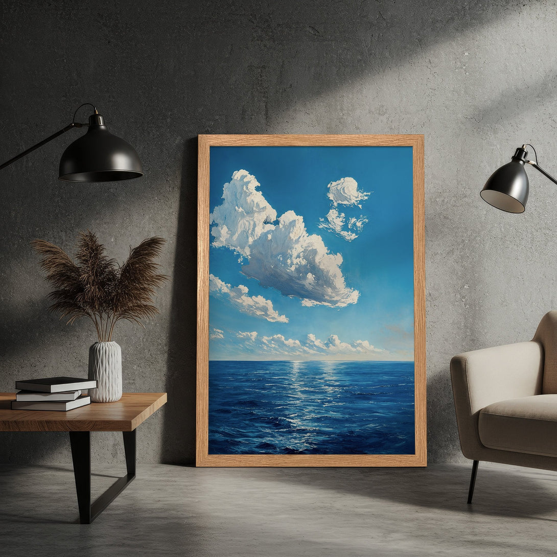 Framed Poster of ocean and sky art, impressionist style, blue and white color palette. Perfect wall decor.