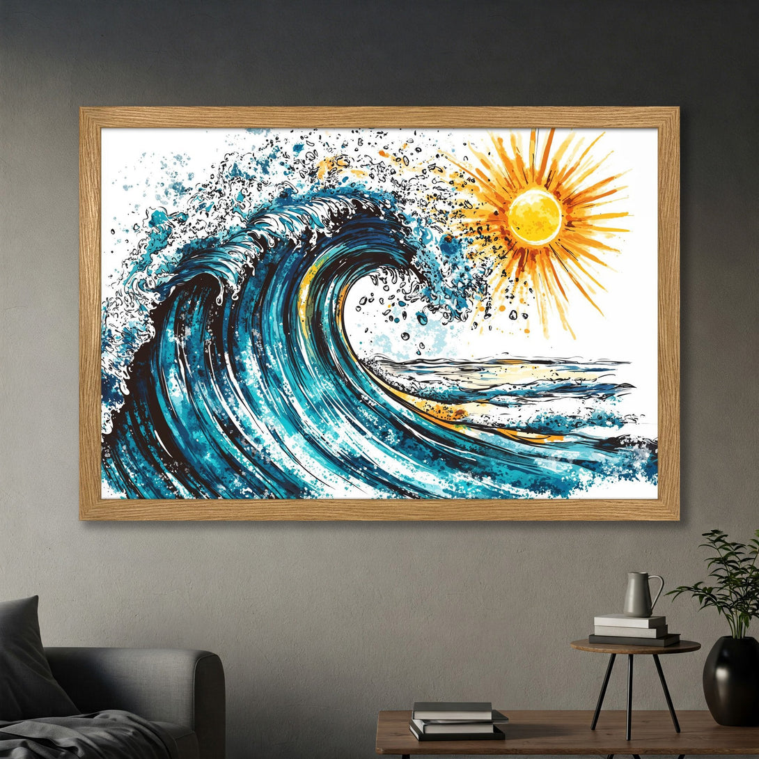 Framed Poster of a watercolor wave and sun. Stunning blue, turquoise, and orange art print for your home decor.