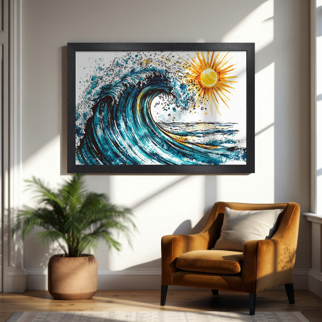 Framed Poster featuring a watercolor wave and sun. Blue, teal, and yellow art print perfect for coastal decor.