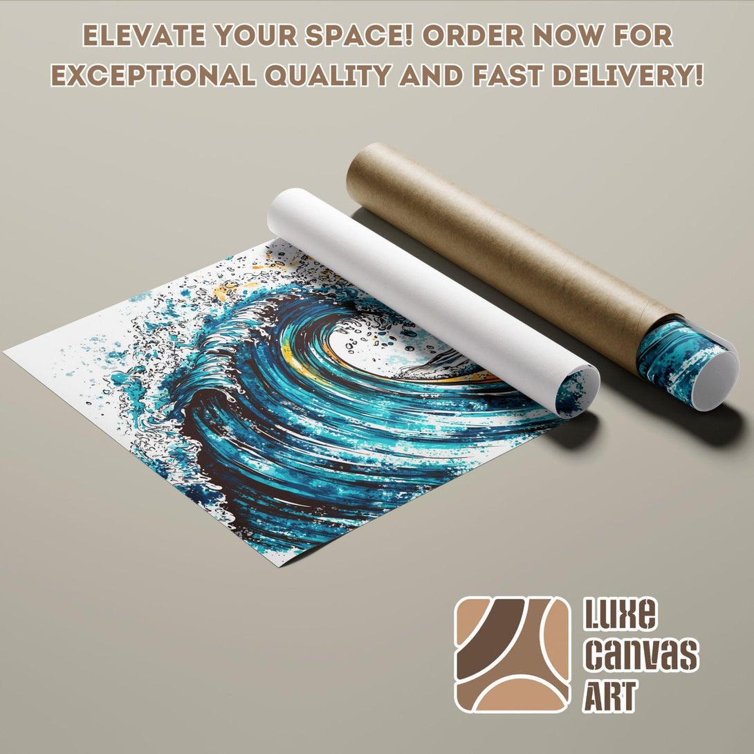 Ocean wave art Poster Roll, blue and teal color palette, modern style, ready to ship.