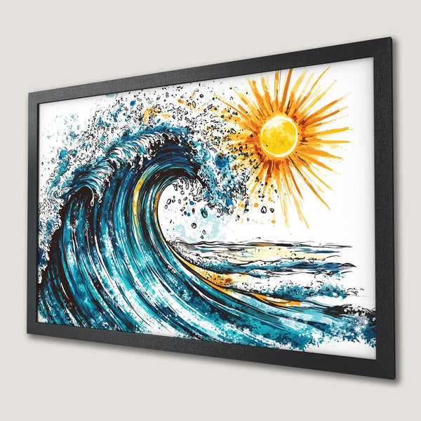 Framed Poster of a vibrant watercolor wave and sun, featuring a blue, yellow, and white color palette, perfect for coastal decor.