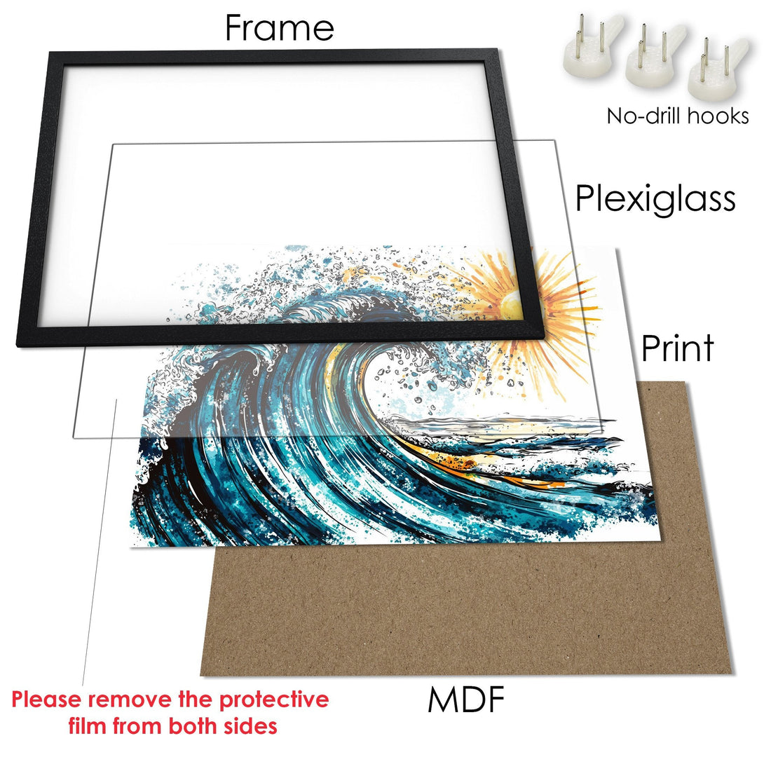 Framed Poster of a wave in a watercolor style, featuring blue, turquoise, and yellow hues. Perfect wall art for any room!