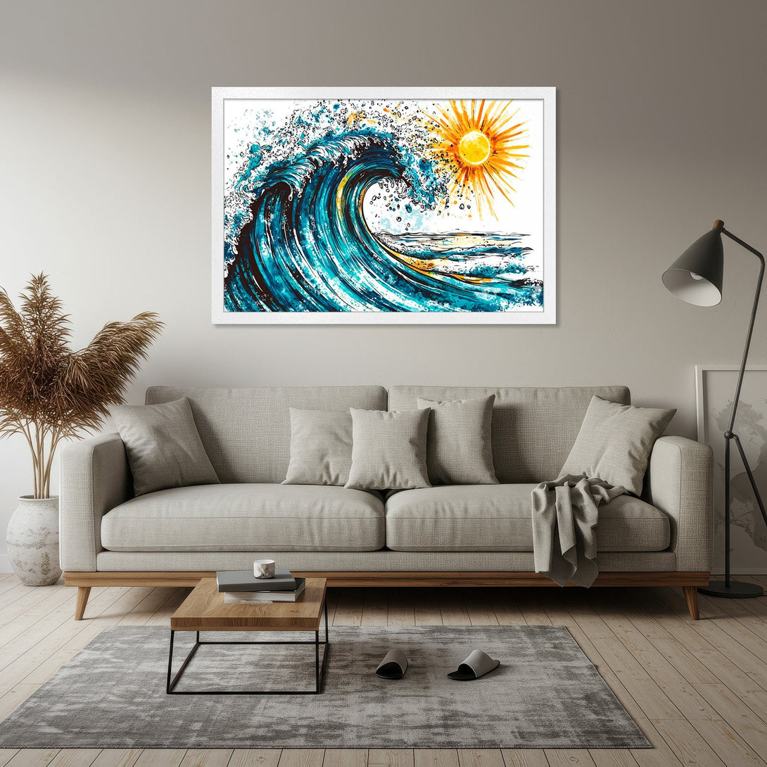 Framed Poster featuring a watercolor wave and sun in blue, yellow, and white. Perfect coastal decor!