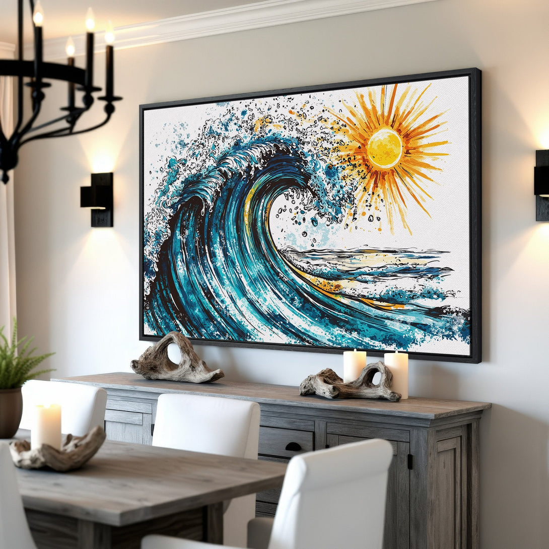Framed Wall Art: Watercolor wave and sun art print in blue and yellow hues. Coastal artwork perfect for any home decor style.