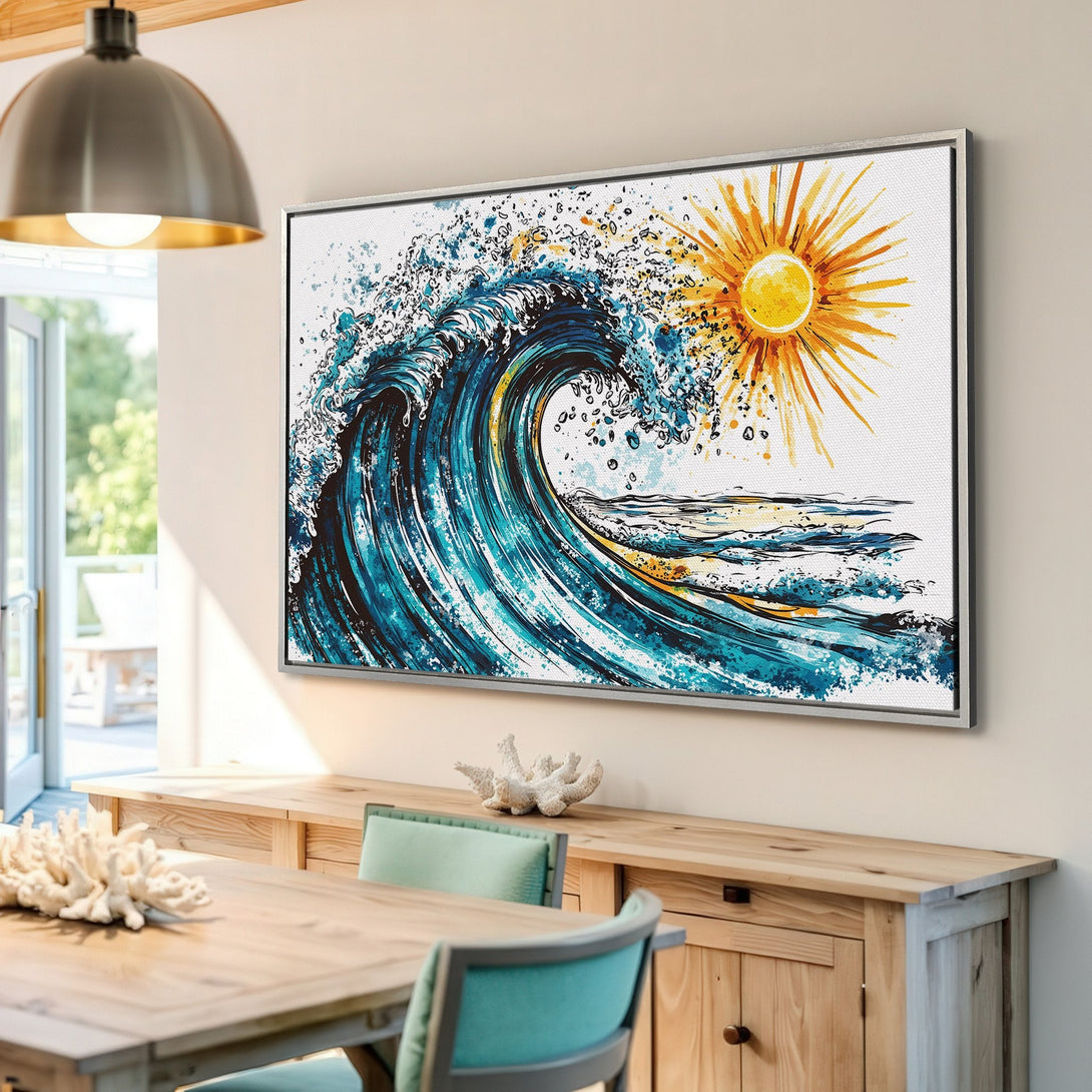 Framed Wall Art: Watercolor wave art with sun. Blue, turquoise, and yellow color palette. Coastal decor for your home.