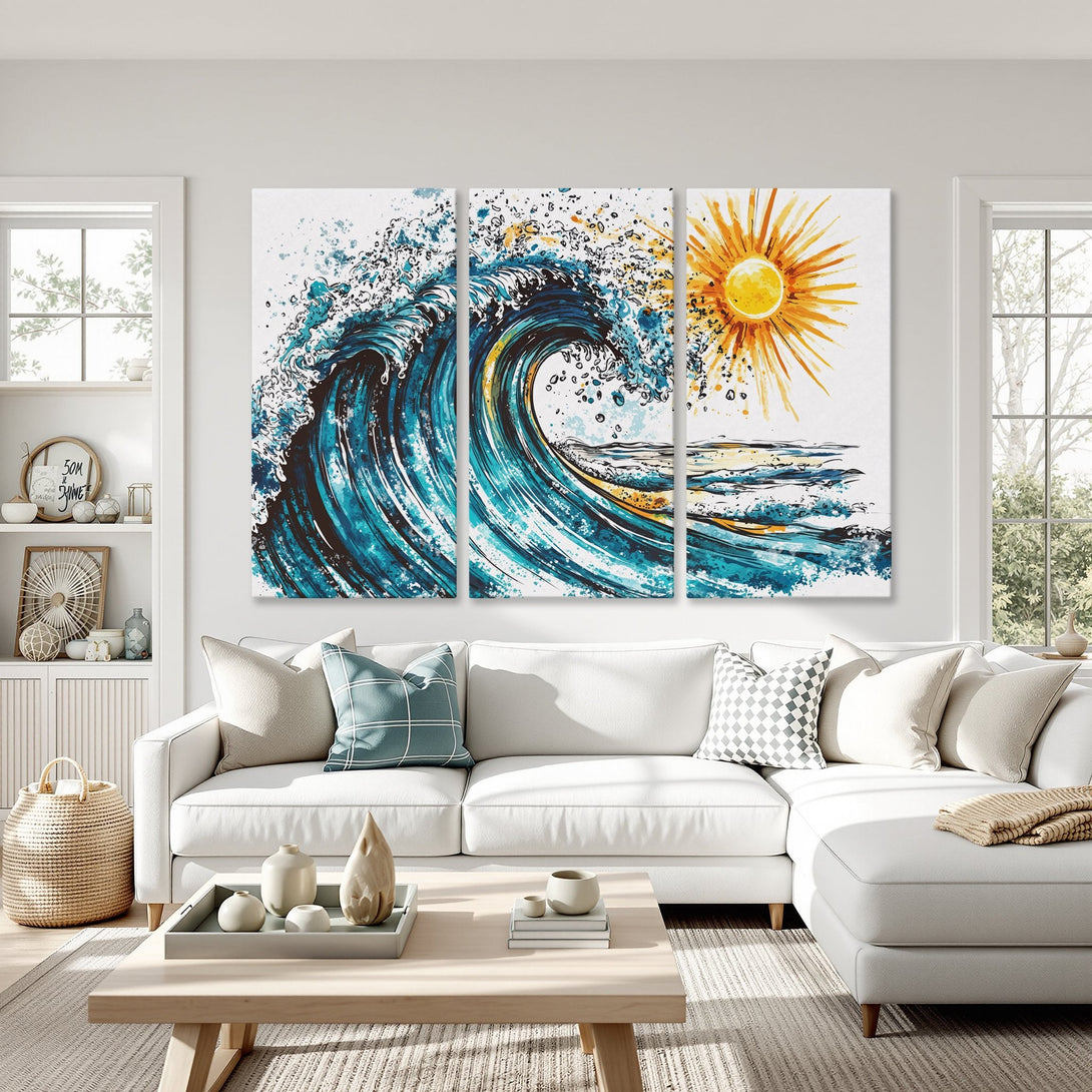 Canvas Print of a watercolor wave and sun, blue and yellow palette, perfect coastal decor.