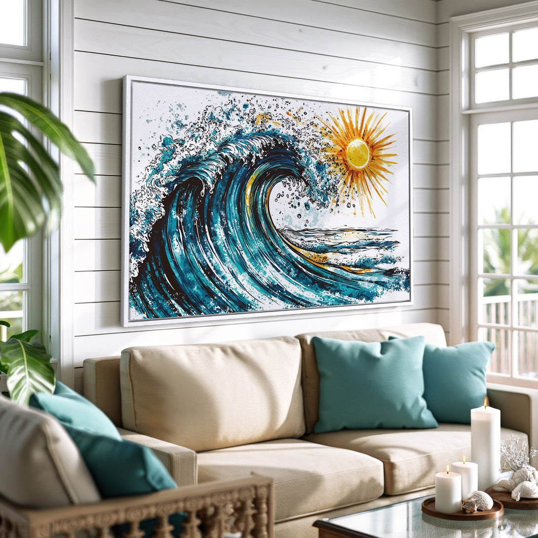 Framed Wall Art: Coastal wave art Canvas Print in blue, teal, and yellow. Adds a touch of serene beach vibes to any living room.