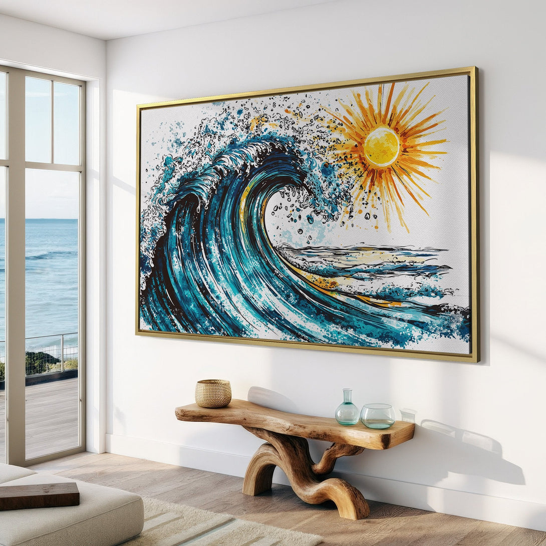 Canvas Print of a vibrant ocean wave and sun in blue and gold tones. Modern art style, perfect for coastal decor.