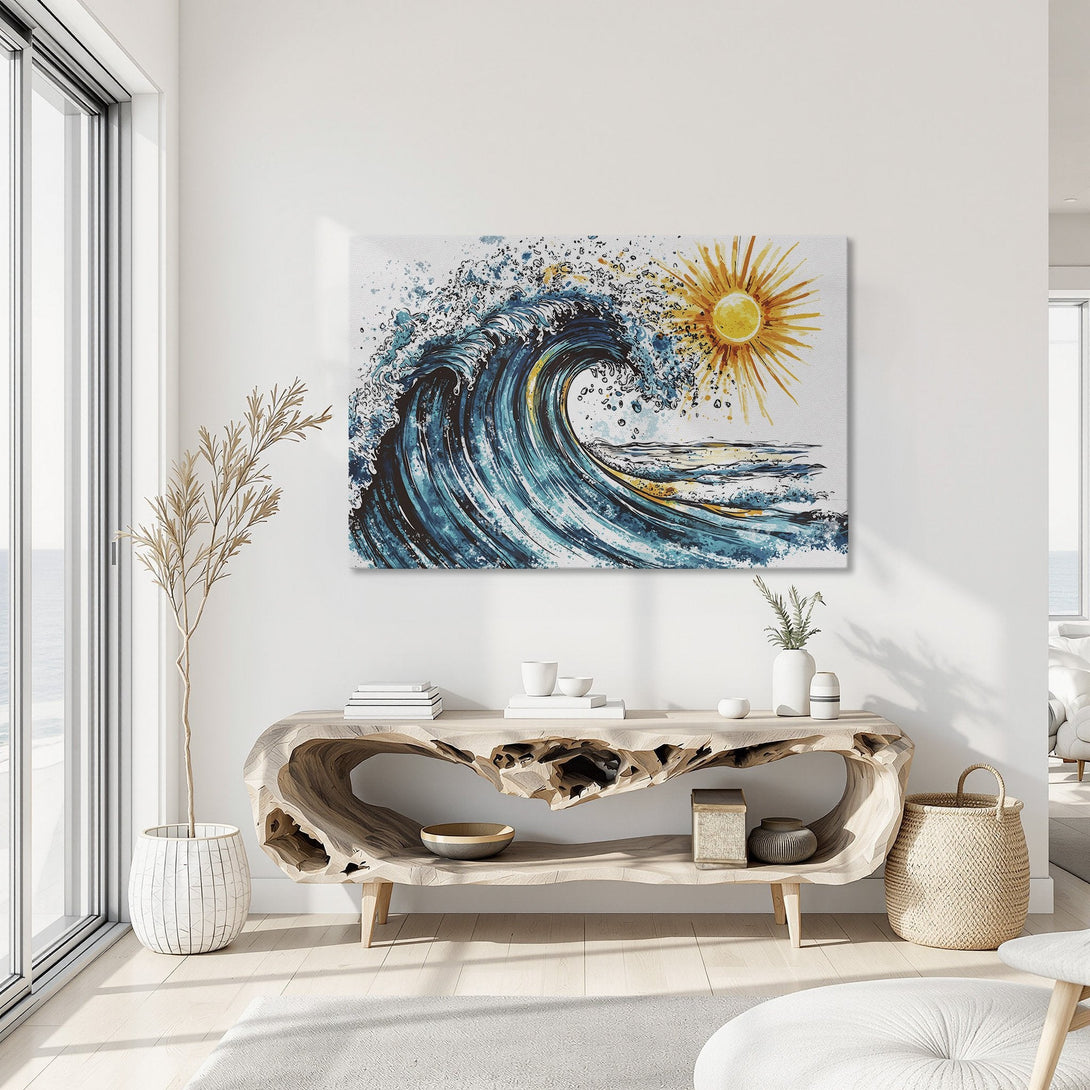 Framed Wall Art: Watercolor wave and sun art print in a coastal interior. Features blue, turquoise, and yellow color palette. Perfect for beach house decor.