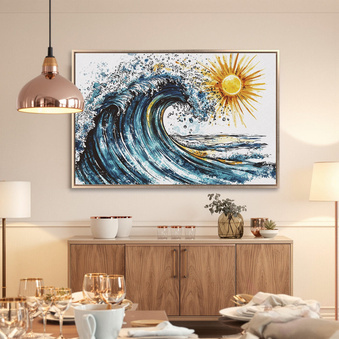 Framed Wall Art: Watercolor wave and sun canvas print. Blue, gold, and white coastal art for a stylish home.