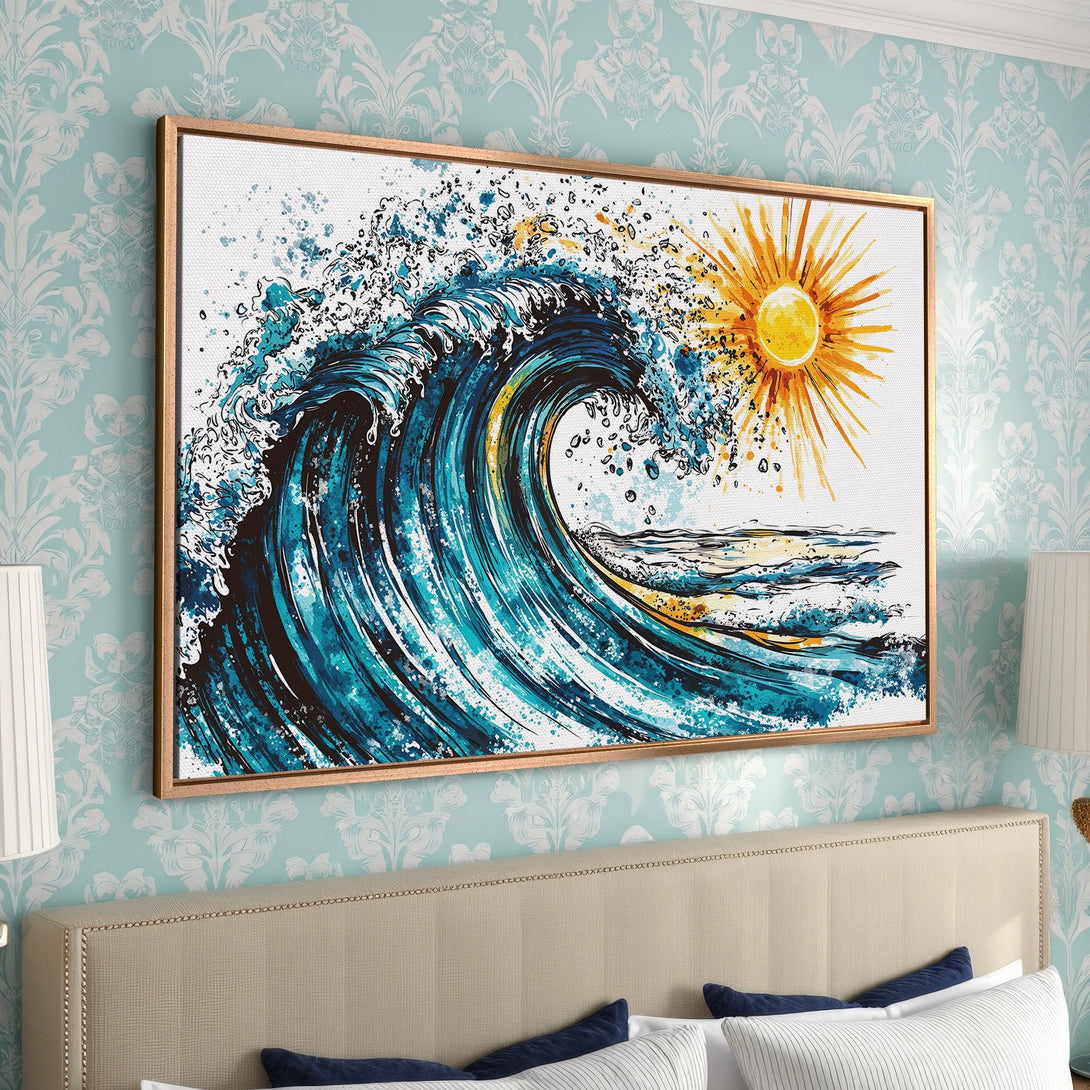 Framed Wall Art featuring a vibrant watercolor wave and sun in blue, teal, and yellow. Perfect coastal decor for your bedroom!