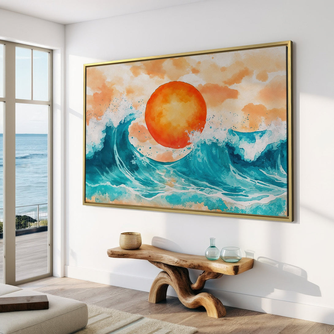 Canvas Print of a watercolor seascape with a sun and waves. Coastal style art in teal, orange, and yellow hues, perfect for any interior.